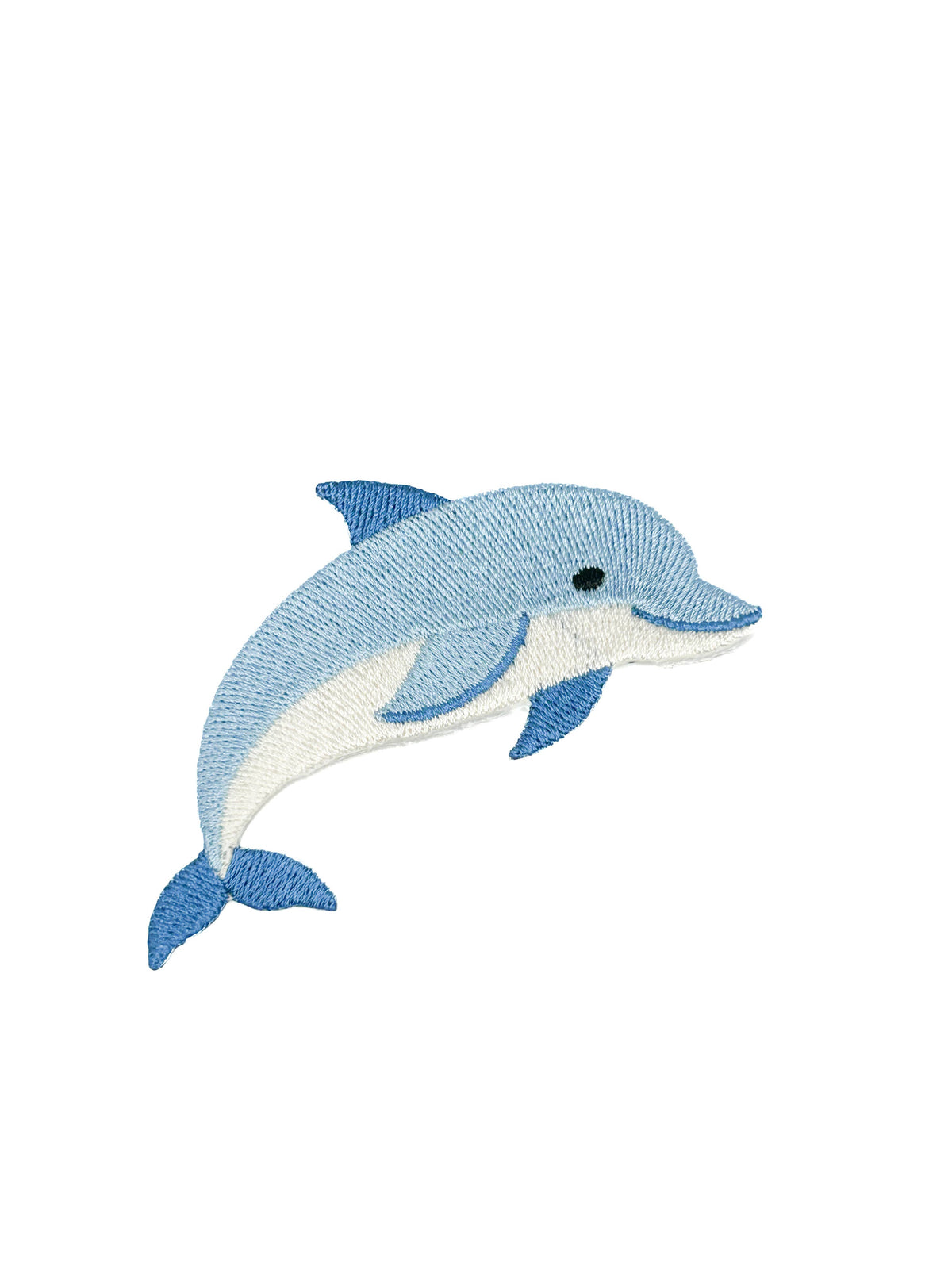 Embroidered iron-on patch of a soft blue dolphin with a white underside