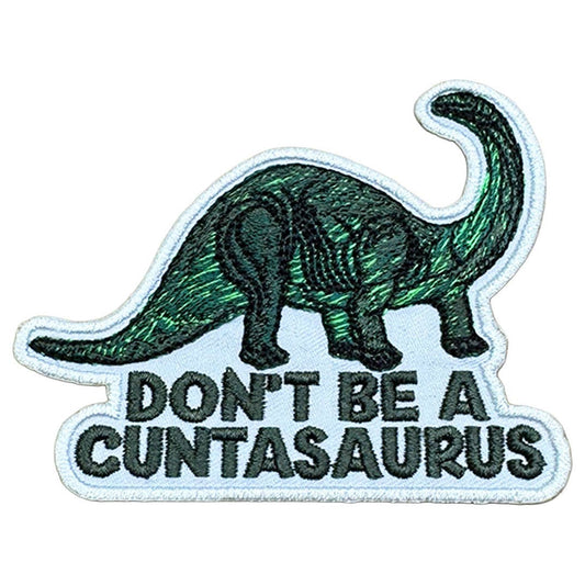 Don't Be a C funny embroidered iron-on patch with a green dinosaur