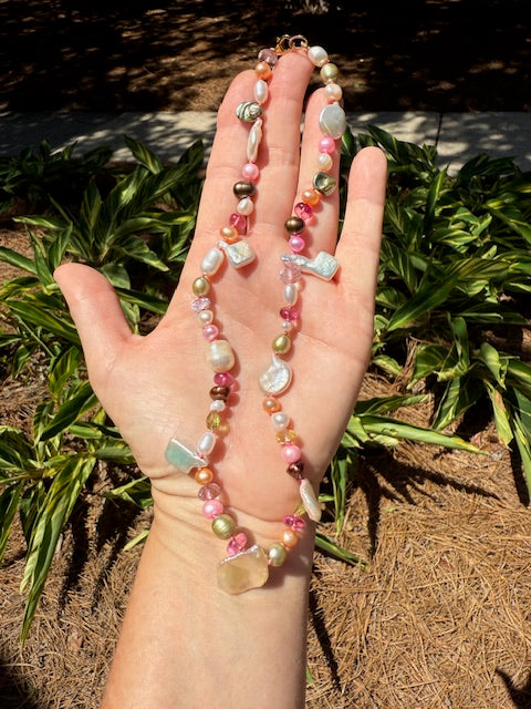 Colorful freshwater pearl and gemstone necklace hand-knotted on silk