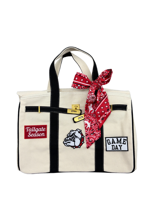 Georgia Bulldog college football canvas tote bag with game day patches