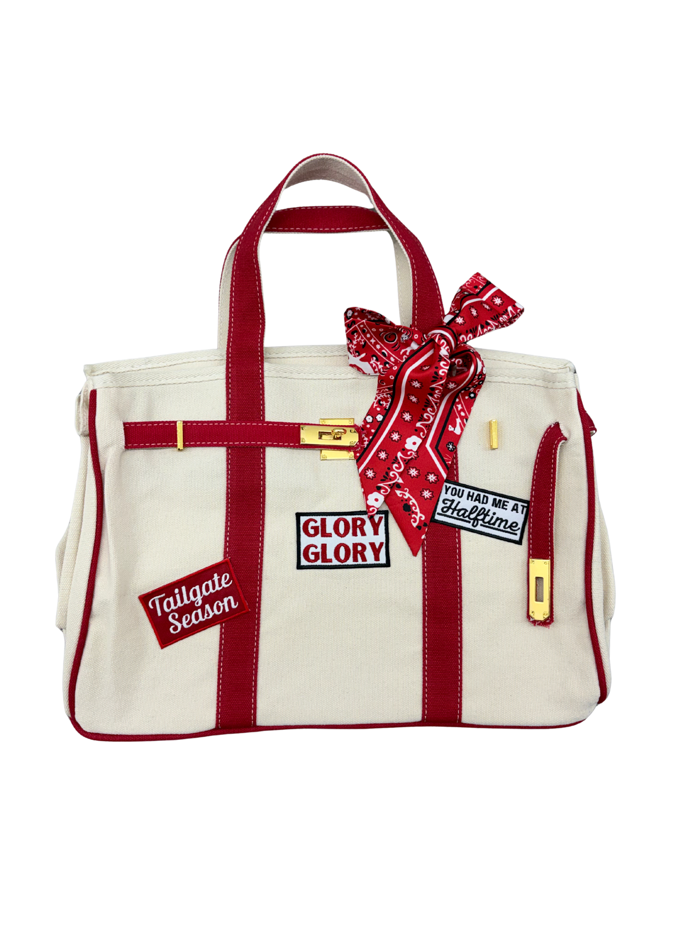 Georgia Bulldogs college football tote bag with red piping, featuring iron on game day patches, a red paisley twilly scarf, and signature gold hardware.