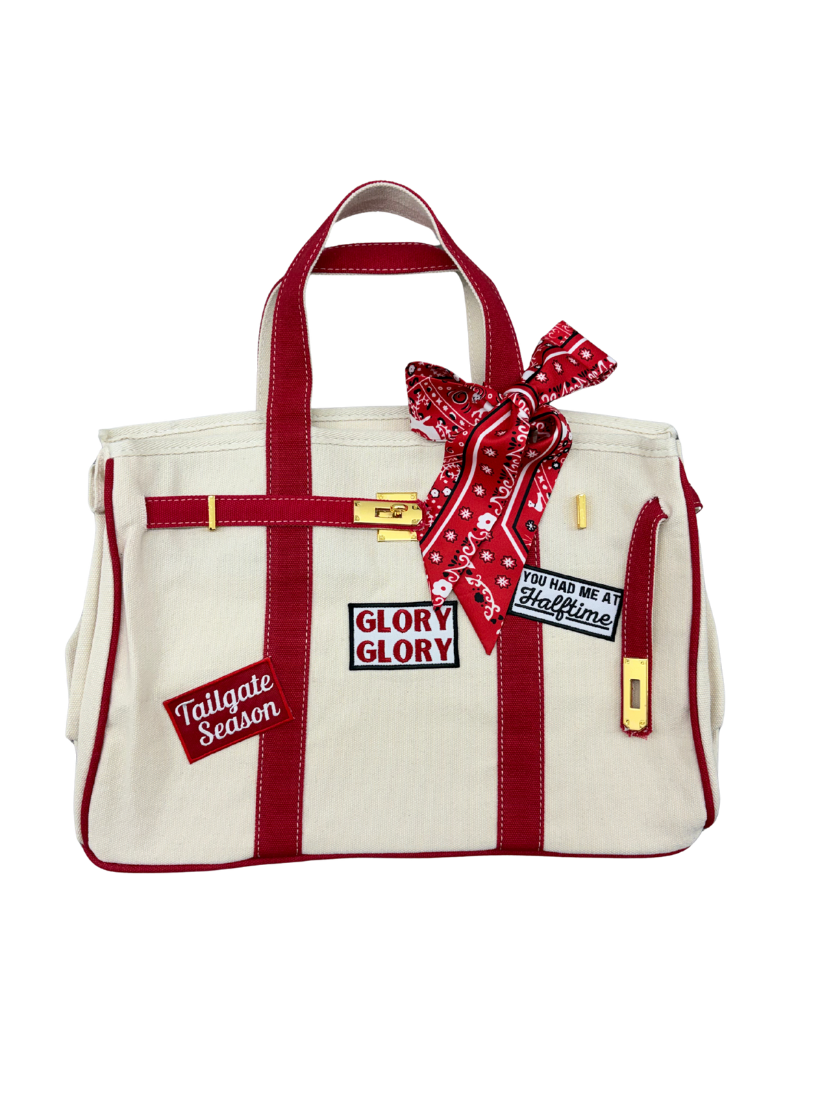 Georgia Bulldogs college football tote bag with red piping, featuring iron on game day patches, a red paisley twilly scarf, and signature gold hardware.