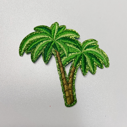 Green glitter palm trees embroidered iron-on patch