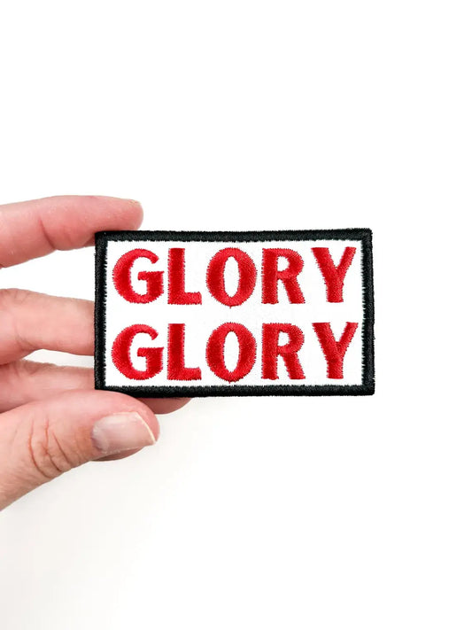 Glory Glory Georgia Bulldogs red and white embroidered iron on patch for tote bags and game day