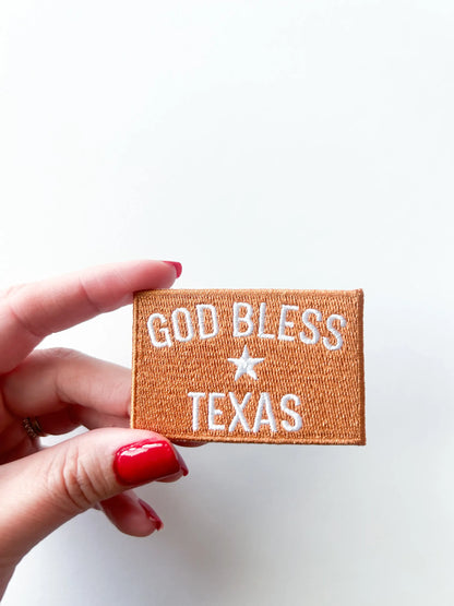 God Bless Texas orange and white embroidered iron on patch for tote bags