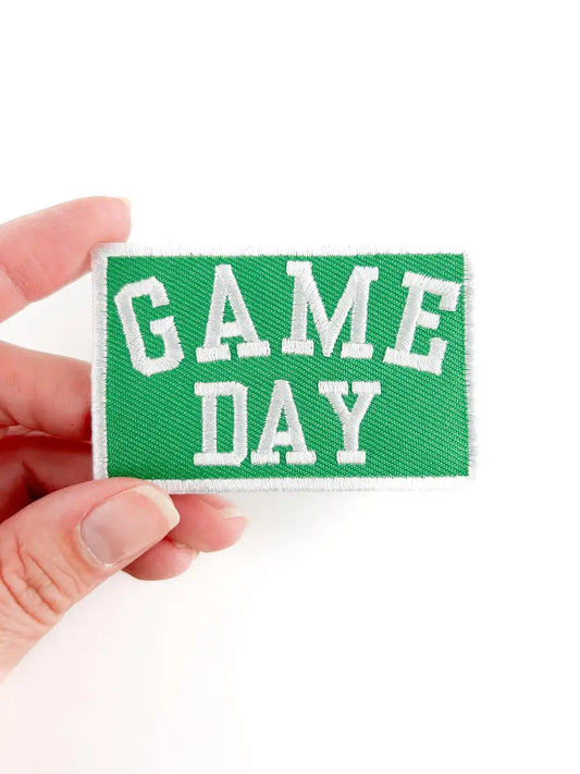 Green Game Day white lettering embroidered iron on patch for tote bags