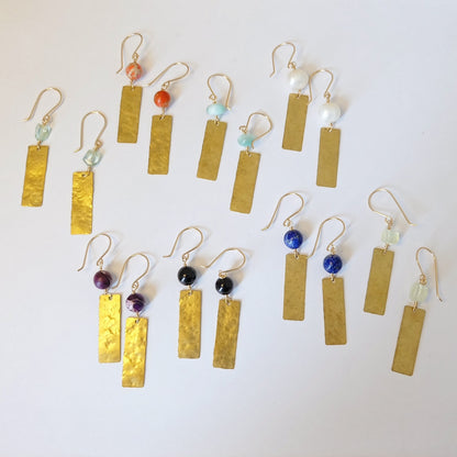 Hammered brass gemstone dangle earrings on 14K gold-filled ear wires
