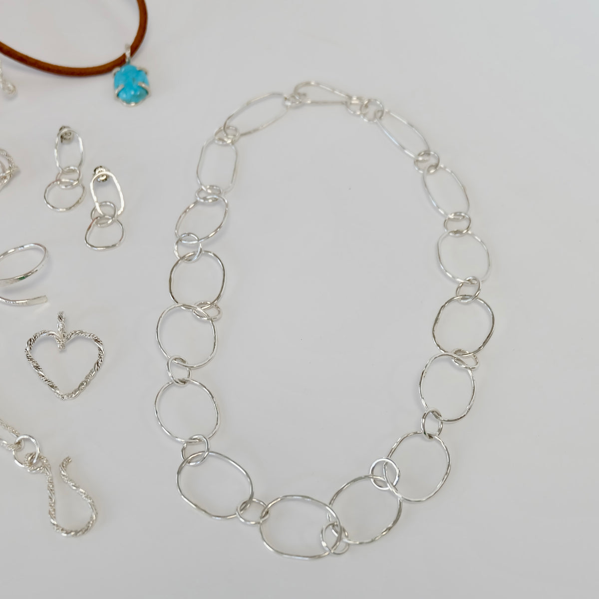 Sterling silver link necklace with handmade paperclip-style links