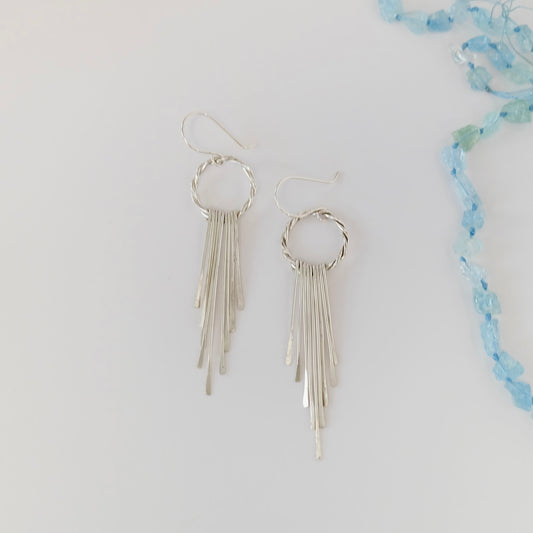 Handmade sterling silver tassel earrings with long shimmering strands