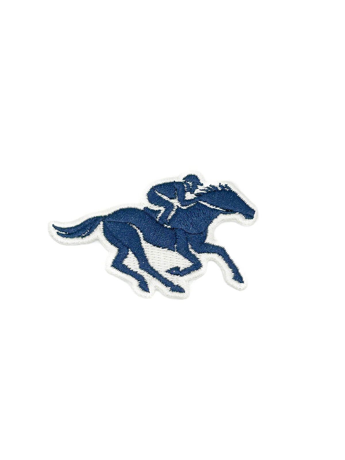 Embroidered iron-on patch of a navy racehorse and jockey silhouette on a light background