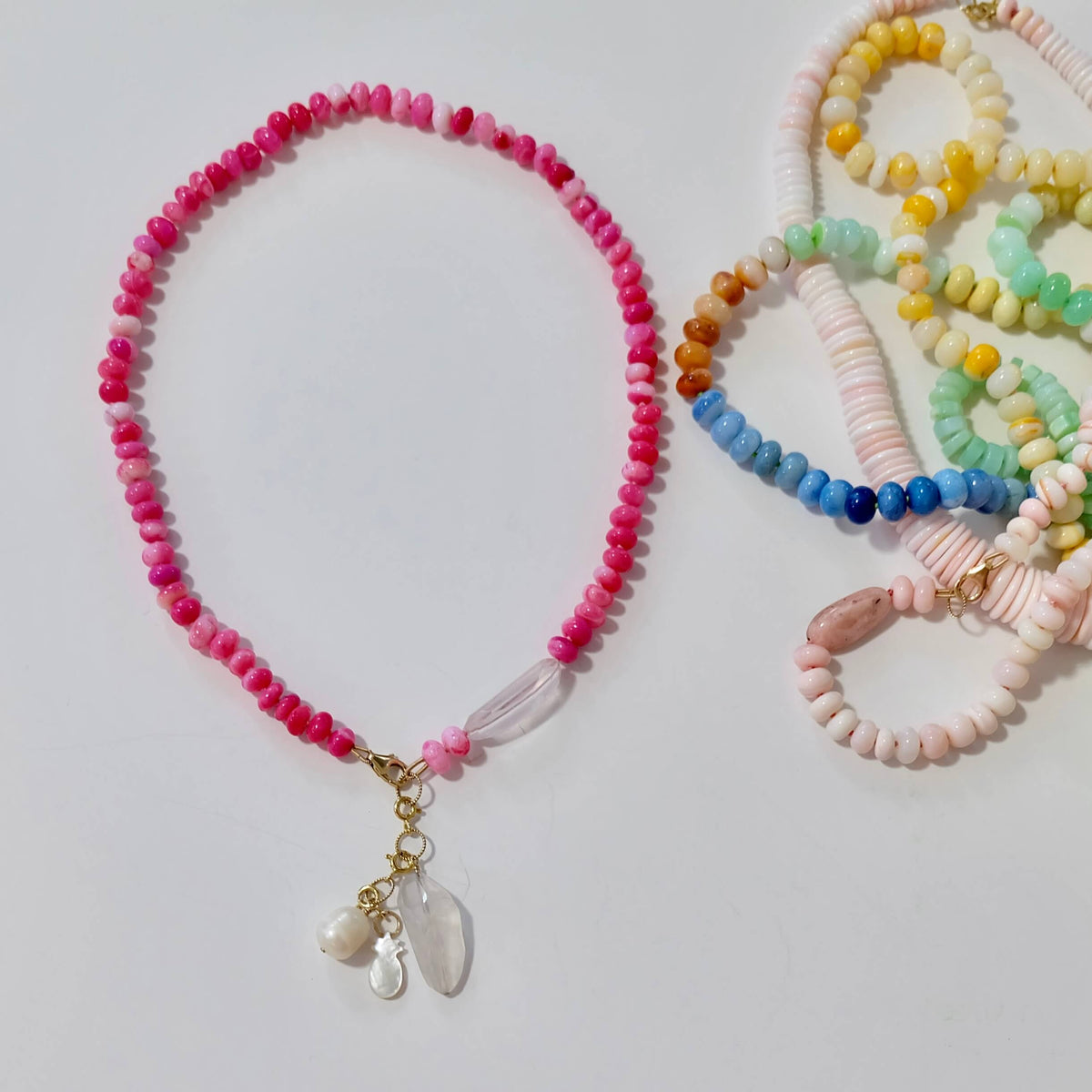 Hot pink opal and rose quartz beaded candy necklace hand-knotted on blush silk