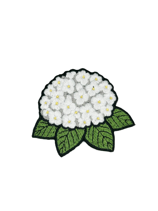 Hydrangea embroidered iron on patch with white blooms and green leaves, 2.5x2.75 inches