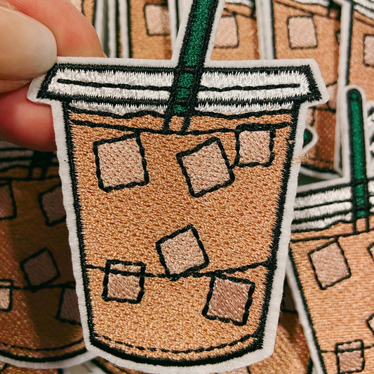Iced coffee embroidered patch, 3.5 inches