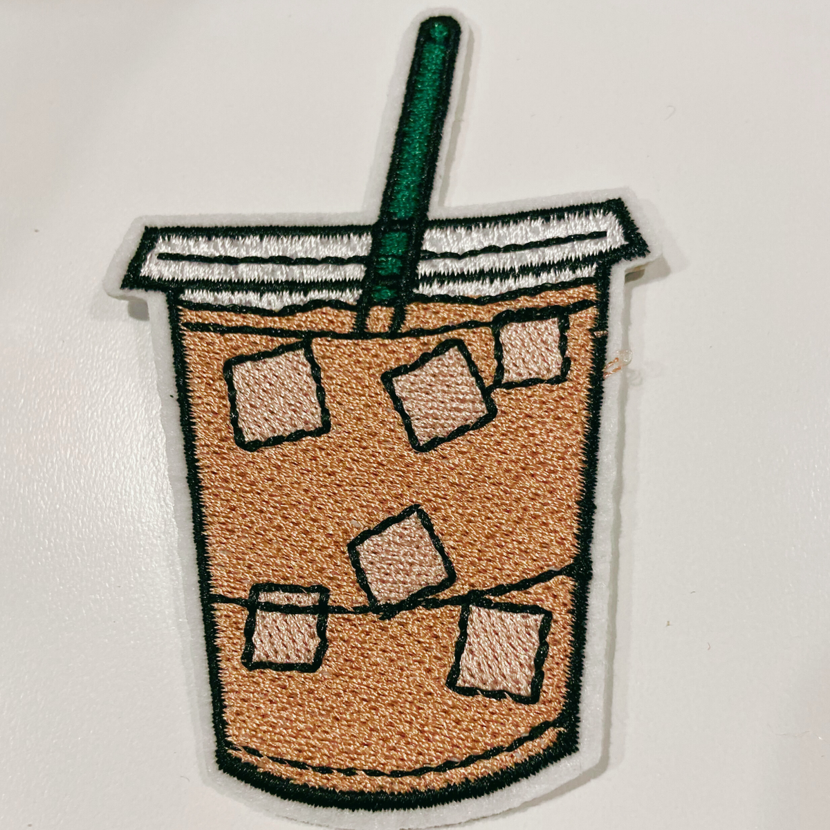 Iced coffee embroidered iron-on patch, view 3