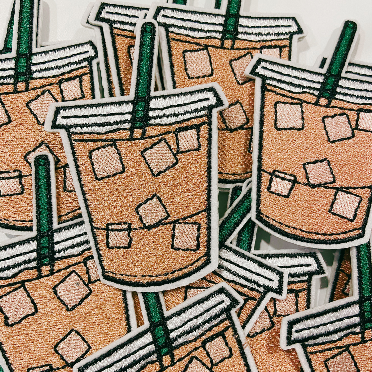 Iced coffee embroidered iron-on patch