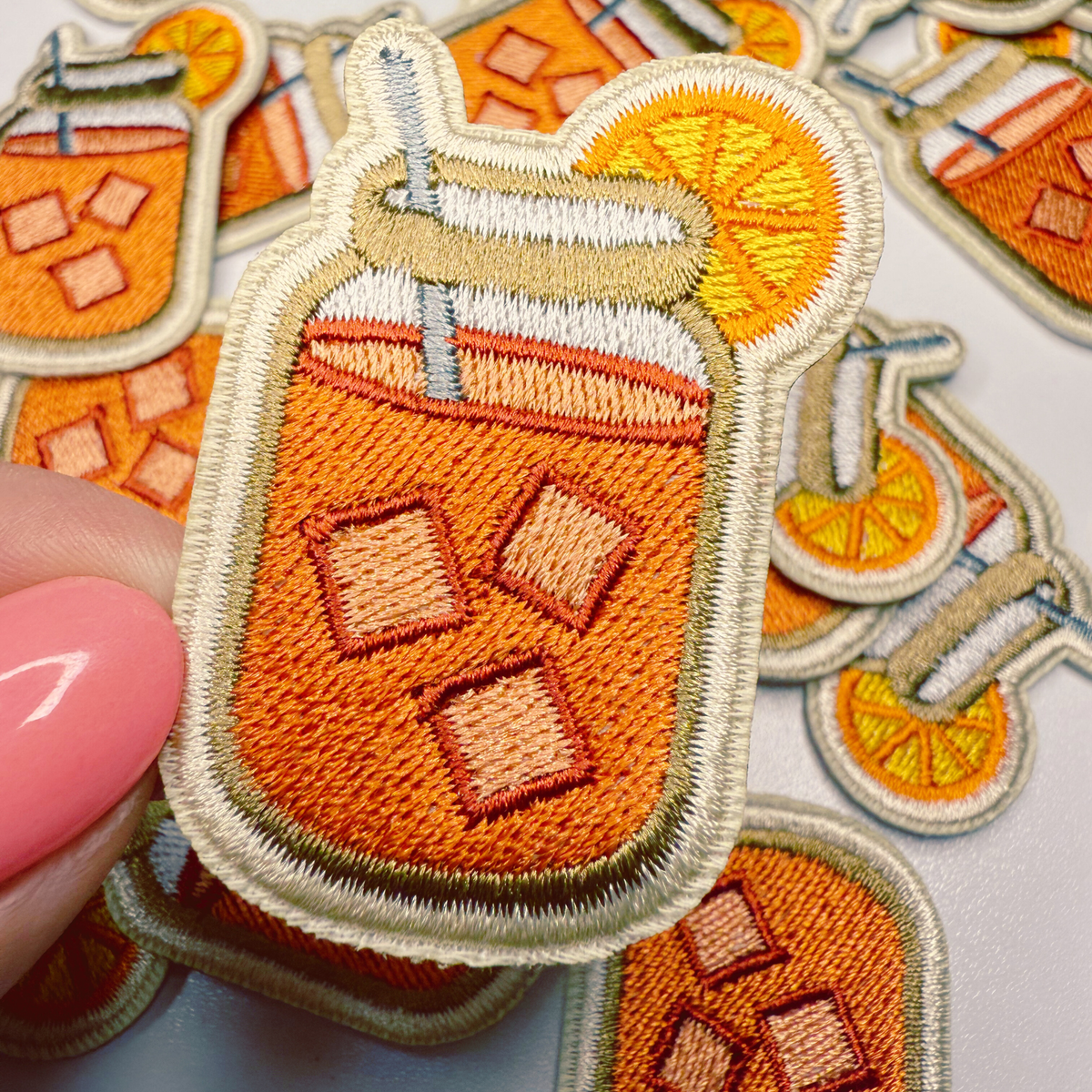 Iced tea embroidered iron-on patch, orange mason jar with orange slice