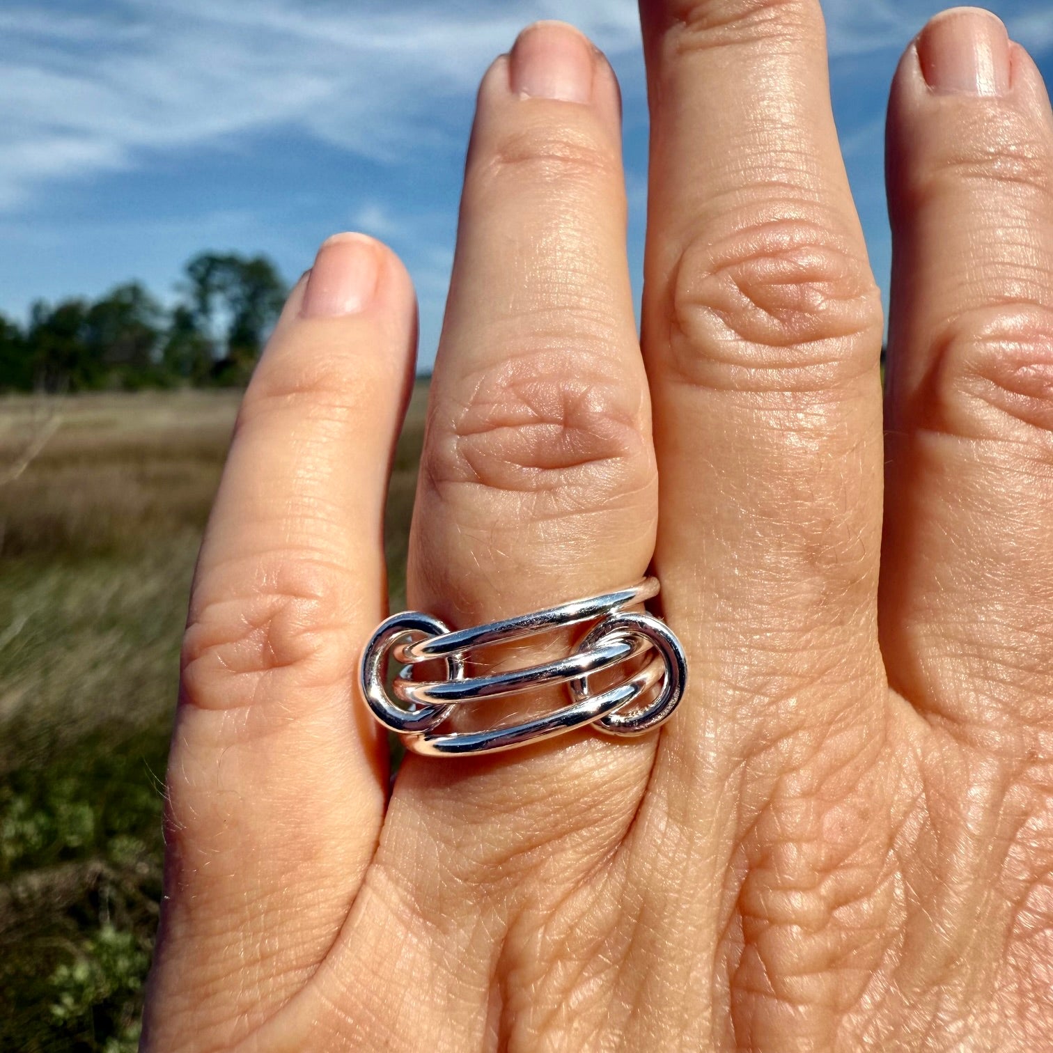 Woman's and showing close up of interlocking ring