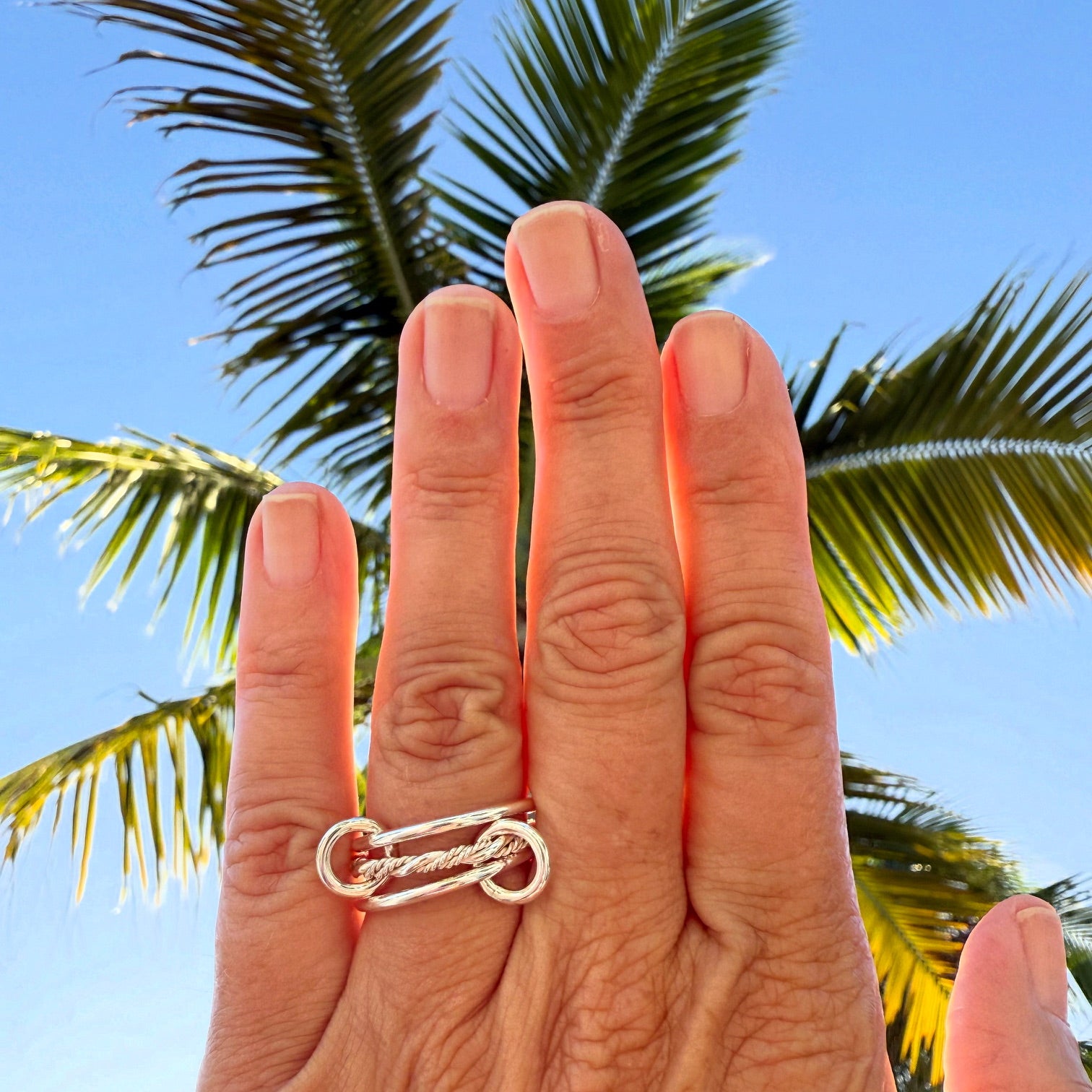 Hand wearing interlocking rings with a unique design against a palm tree background