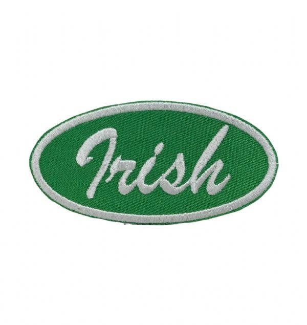 Irish script oval embroidered iron-on patch in green and white