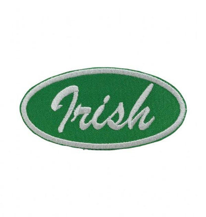 Irish script oval embroidered iron-on patch in green and white