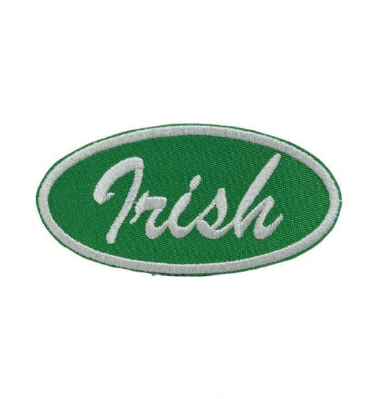 Irish script oval embroidered iron-on patch in green and white