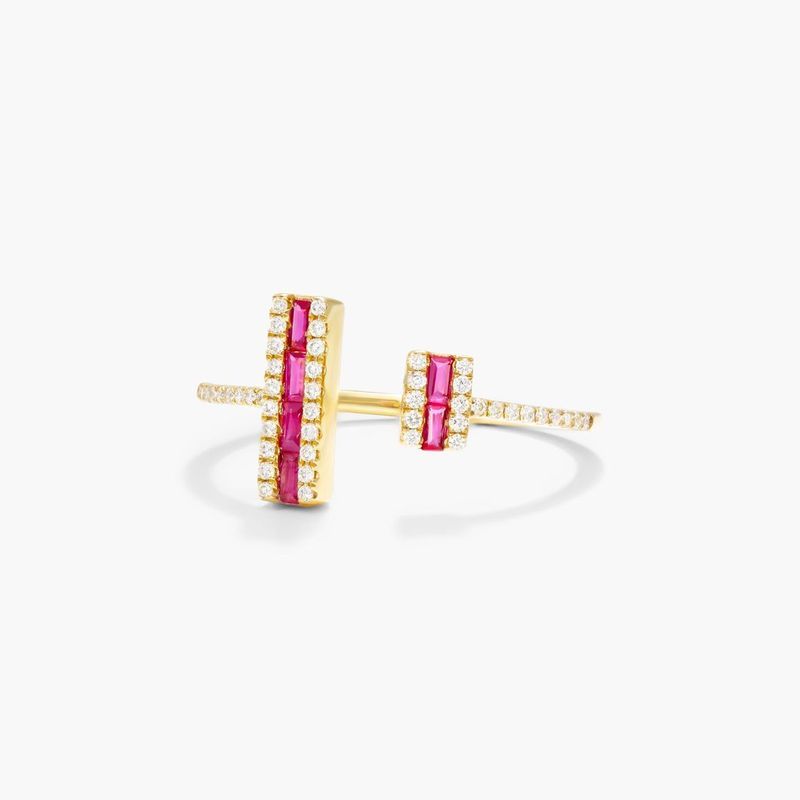 James Allen ruby and diamond ring in 14K gold with an open double-bar design