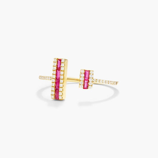 James Allen ruby and diamond ring in 14K gold with an open double-bar design