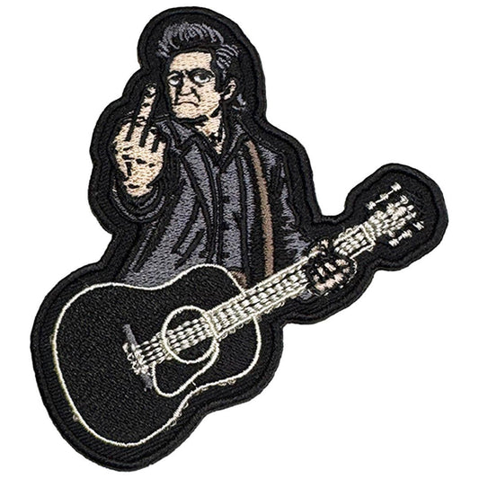 An embroidered patch featuring Johnny Cash playing guitar, with black, gray, beige, and white thread details on a white background.