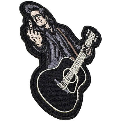 Embroidered patch of a Johnny Cash playing an acoustic guitar on a white background