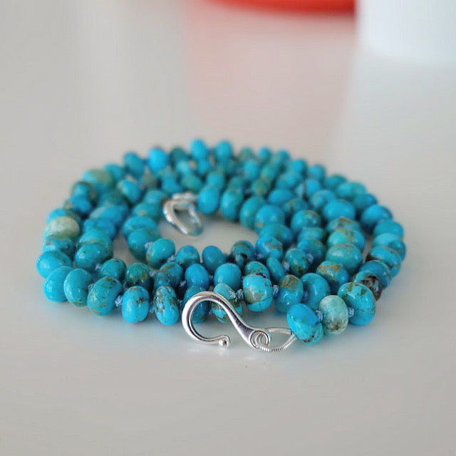 Kingman turquoise beaded candy necklace hand-knotted on blue silk
