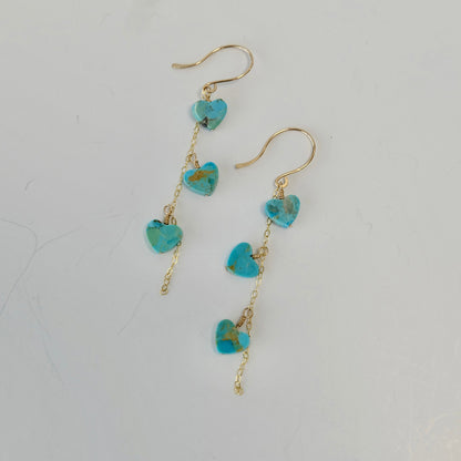 Kingman turquoise heart dangle earrings on 14K gold ear wires
