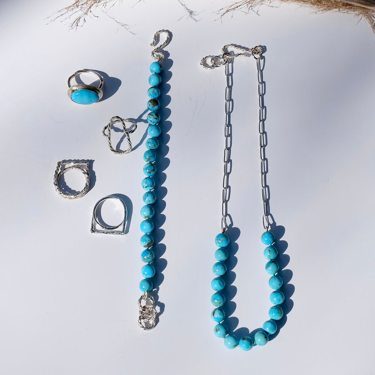 Sterling silver paperclip necklace with hand-forged links and Kingman turquoise beads