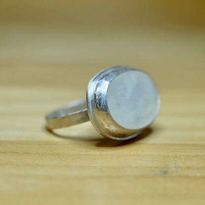 Rainbow moonstone ring in sterling silver showing blue and rainbow flash