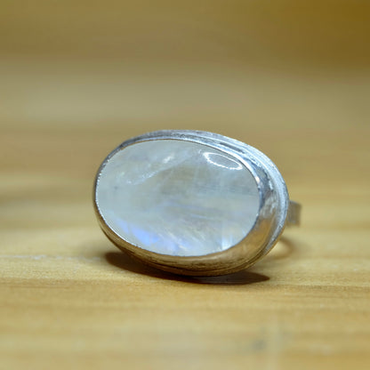 Large oval rainbow moonstone ring in sterling silver
