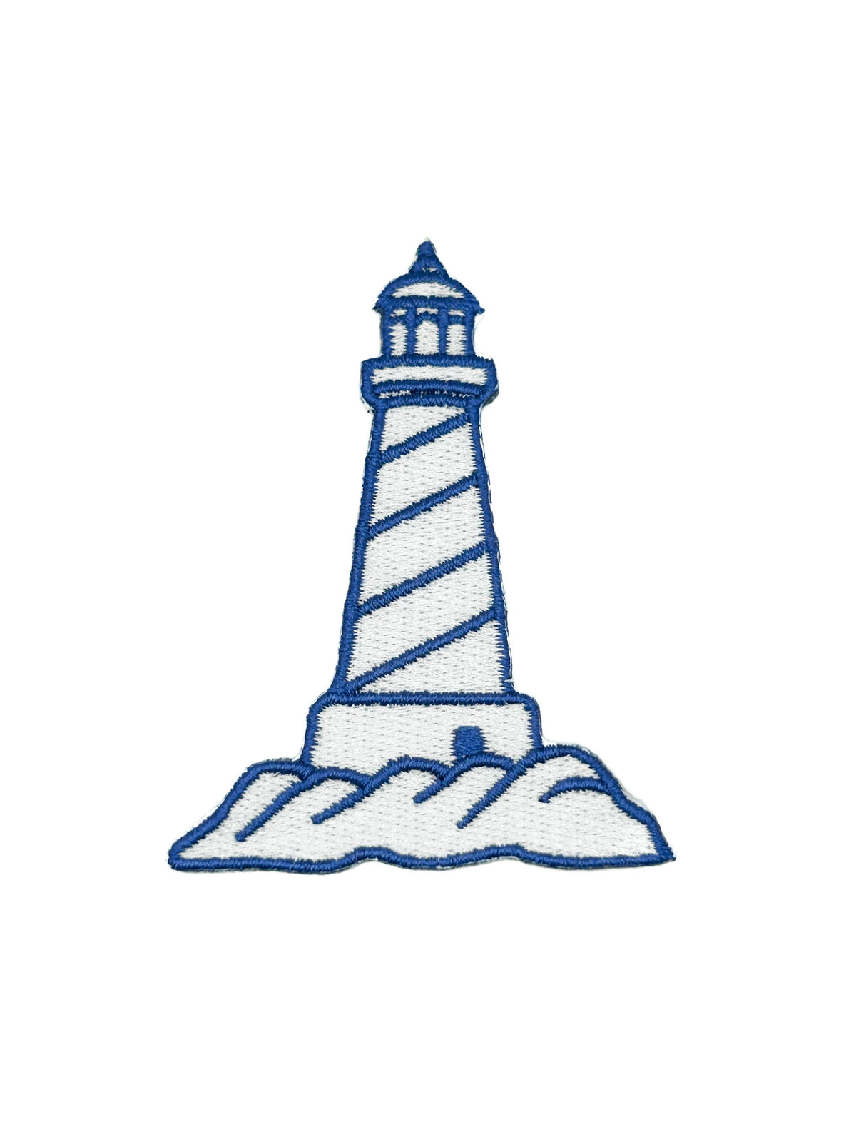 Blue and white embroidered iron-on patch of a lighthouse