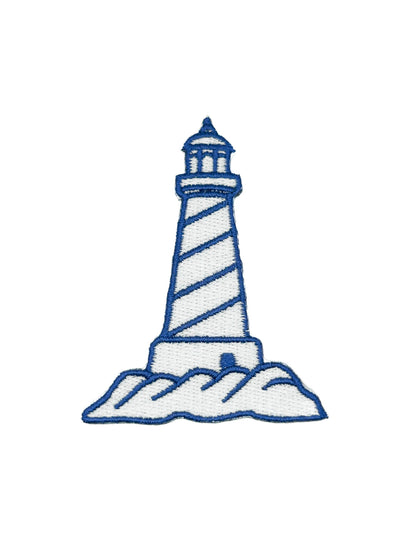 Blue and white embroidered iron-on patch of a lighthouse