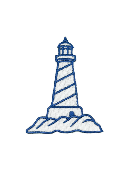 Blue and white embroidered iron-on patch of a lighthouse