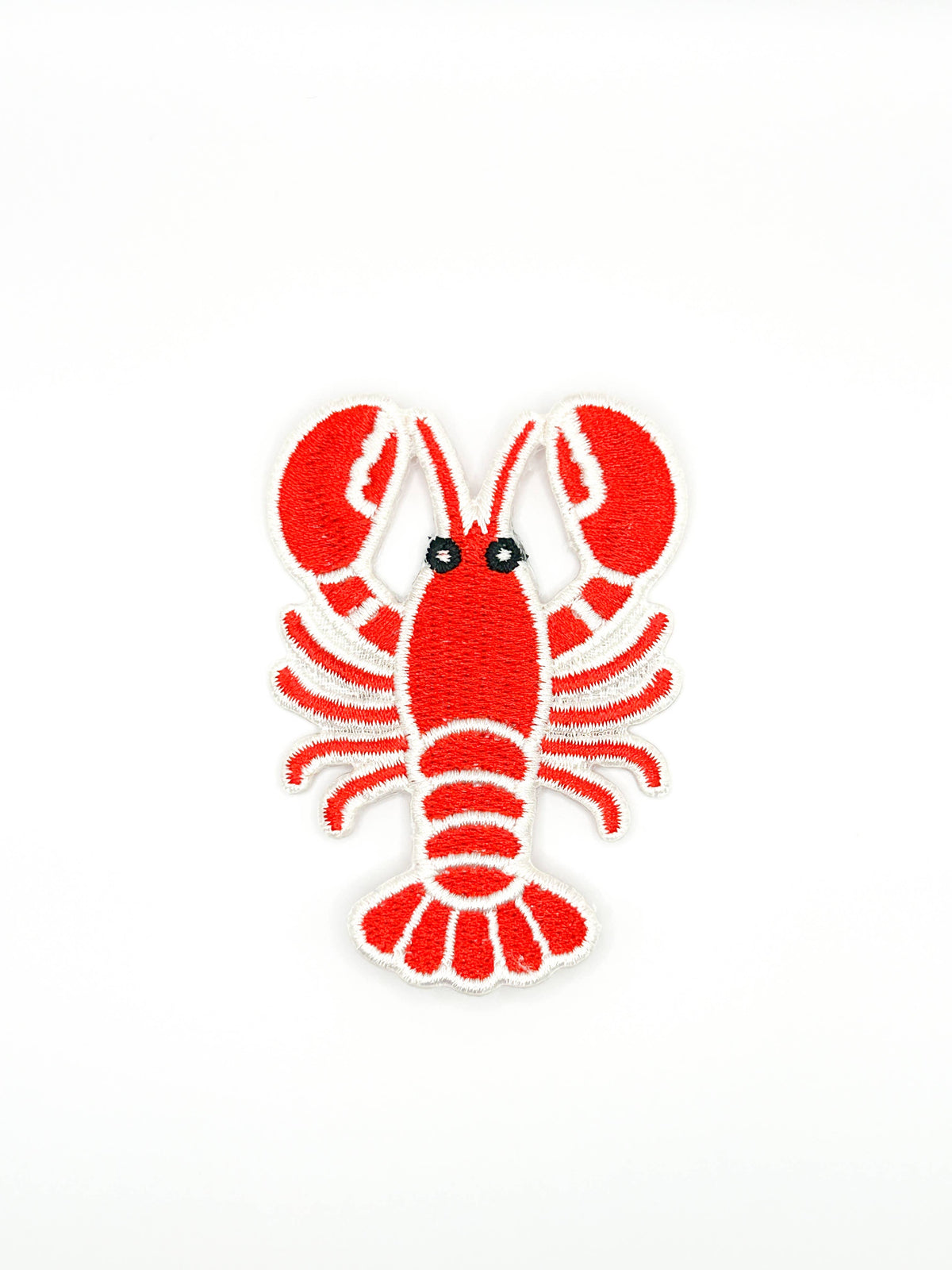Lobster embroidered iron-on patch, red with white details, 2 x 2.75 inches
