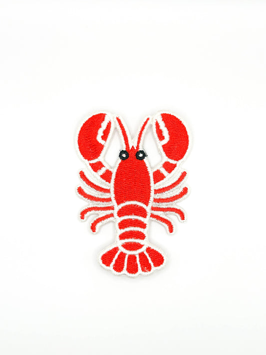 Lobster embroidered iron-on patch, red with white details, 2 x 2.75 inches