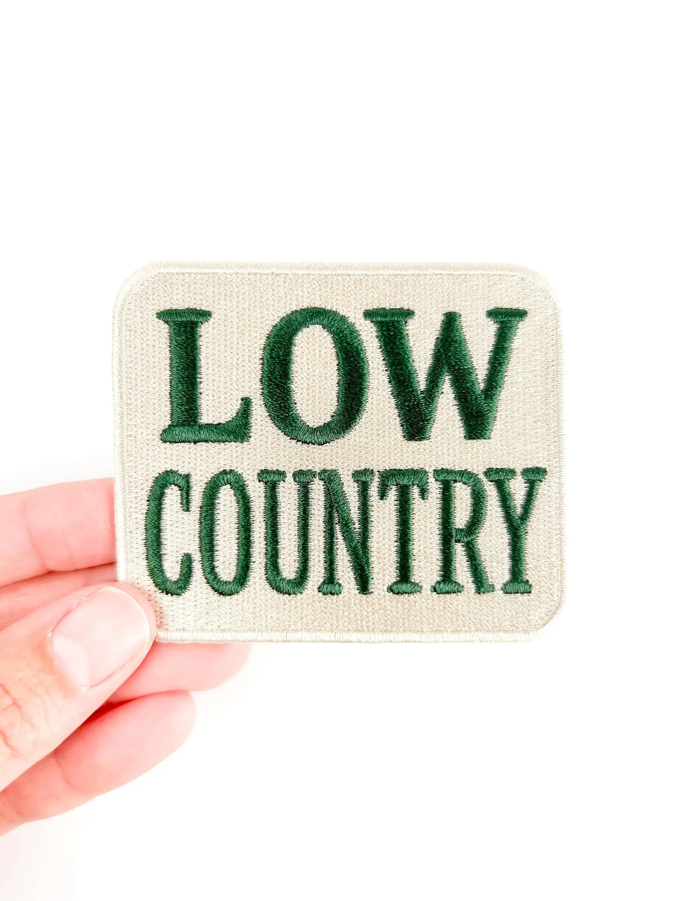 Low Country embroidered iron on patch, forest green and cream, 2.5x3 inches