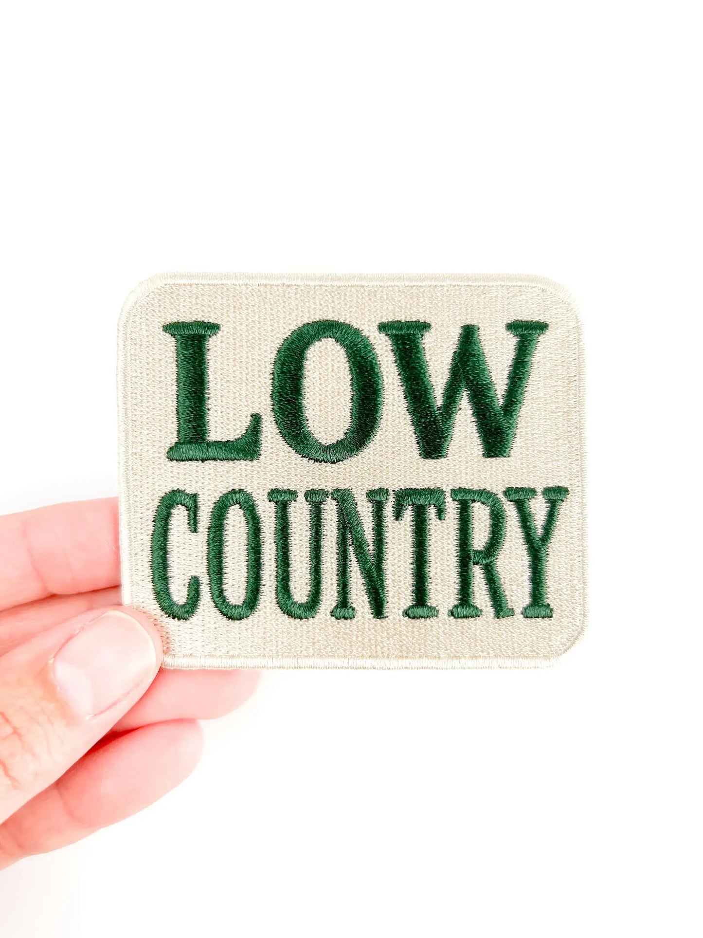 Low Country embroidered iron on patch, forest green and cream, 2.5x3 inches