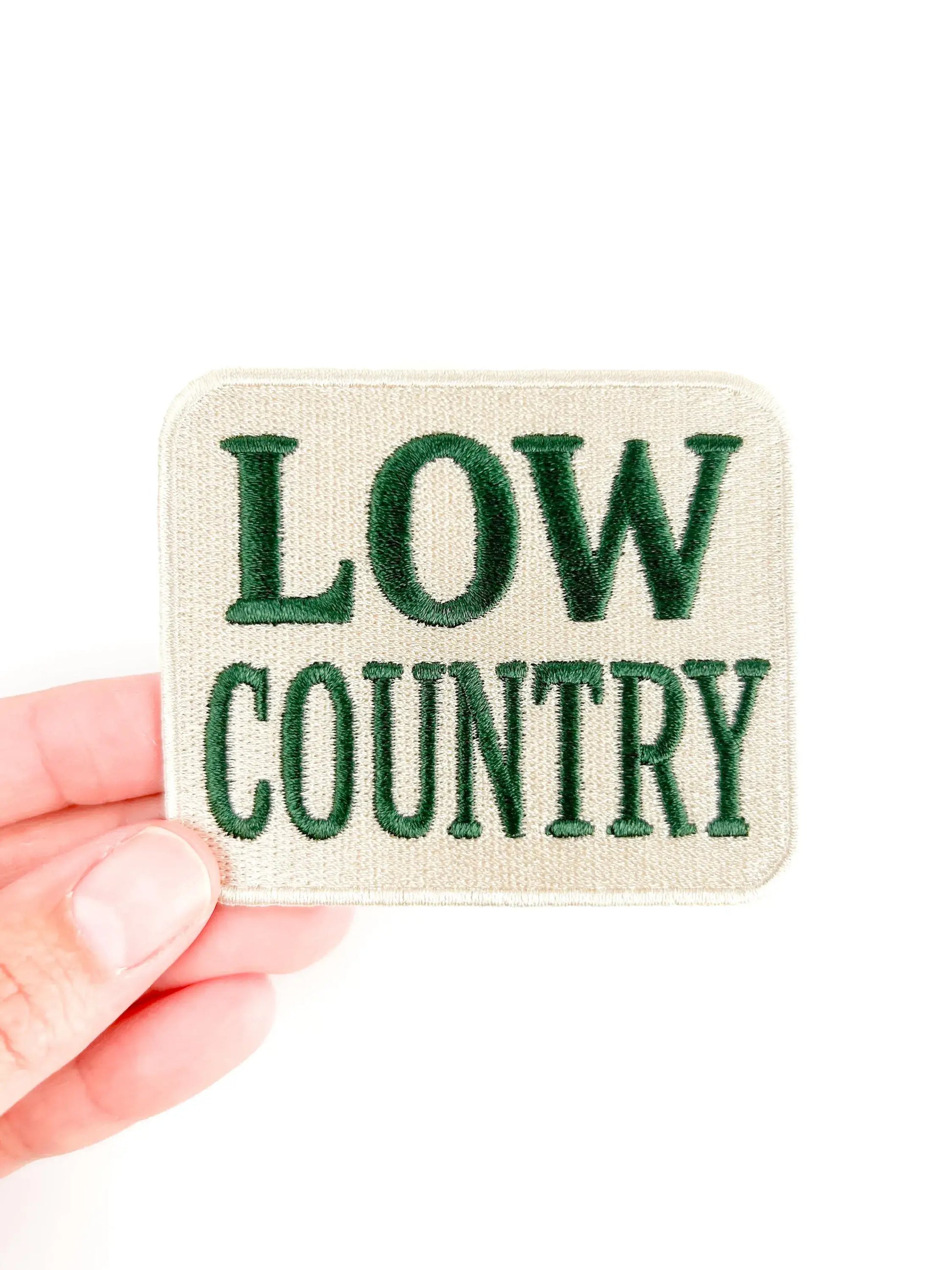 Low Country embroidered iron on patch, forest green and cream, 2.5x3 inches