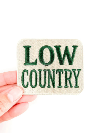 Low Country embroidered iron on patch, forest green and cream, 2.5x3 inches