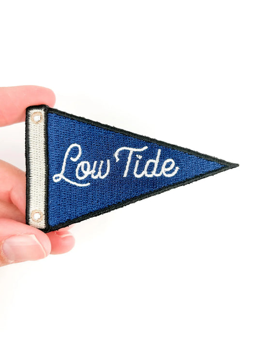 Low Tide nautical pennant embroidered iron-on patch, blue with white script, 1.75 x 3 inches