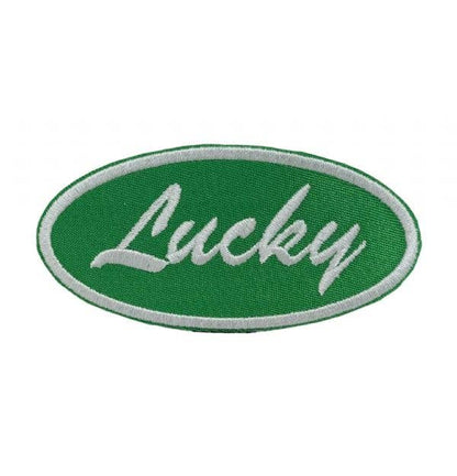 Lucky script oval embroidered iron-on patch in green and white