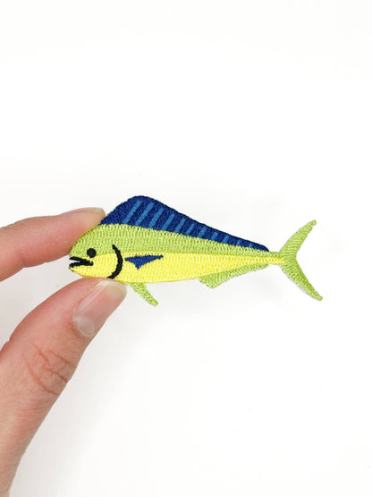 Embroidered iron-on patch of a bright green mahi mahi fish