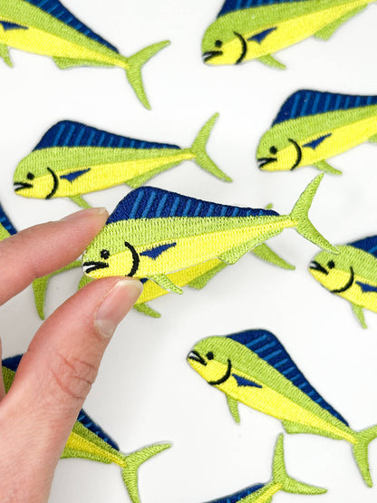 Mahi mahi fish patch with heat-activated iron-on backing
