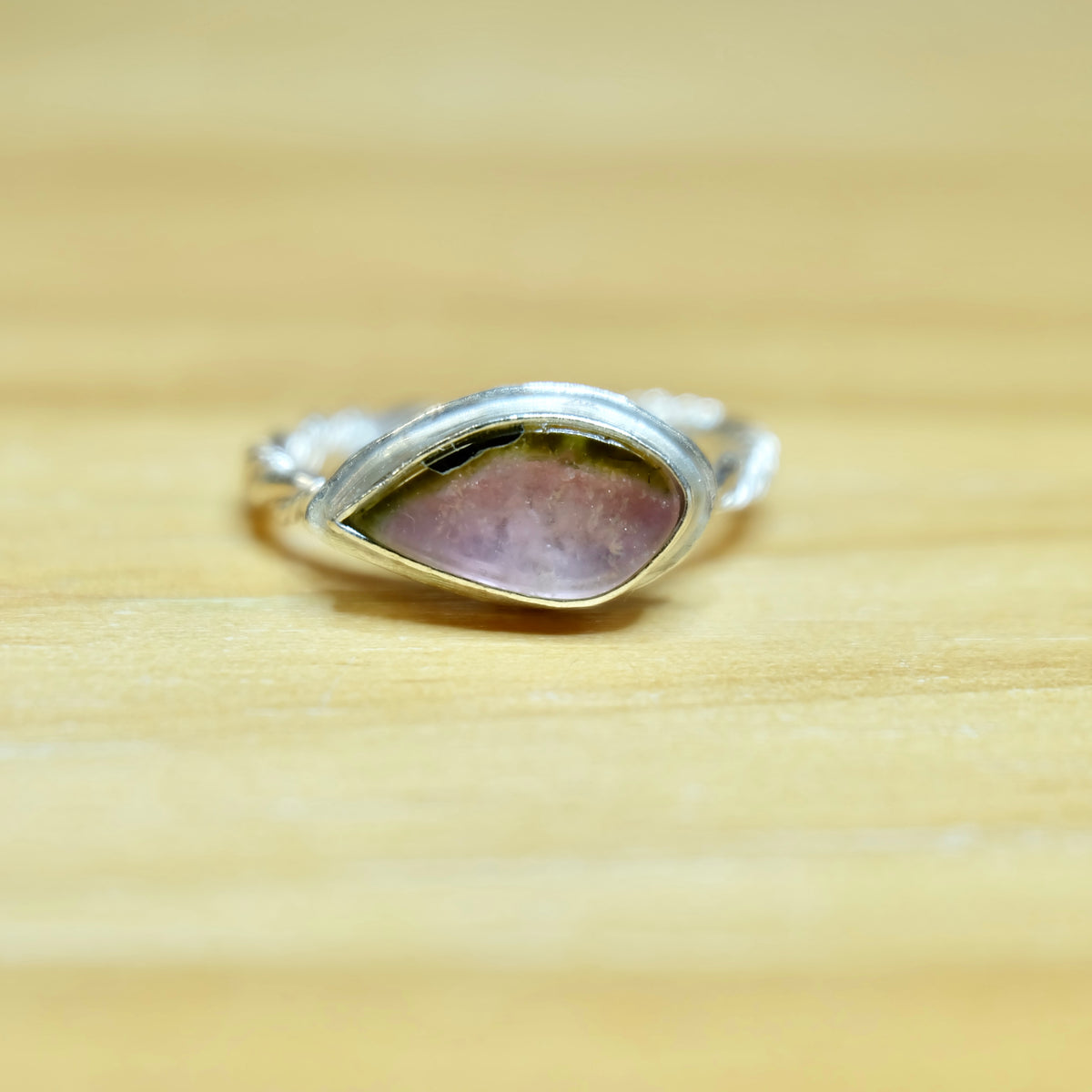 Marquise watermelon tourmaline ring in sterling silver with a braided band, size 6