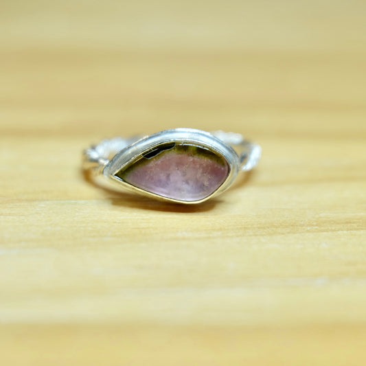 Marquise watermelon tourmaline ring in sterling silver with a braided band, size 6