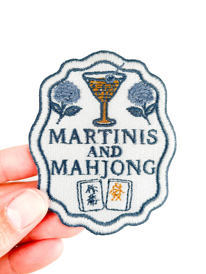 Martinis and Mahjong embroidered iron-on patch in blue and white with gold details